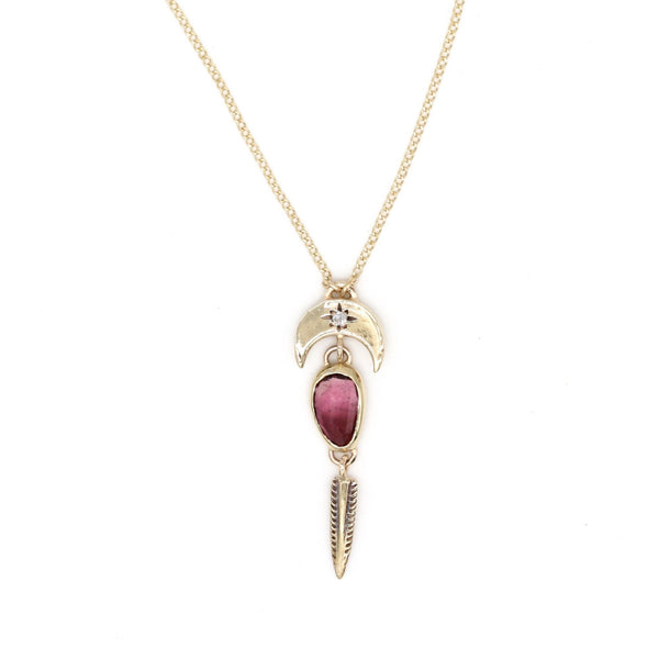 Crescent moon trio necklace with tourmaline