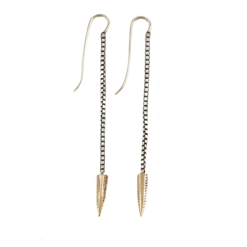 barb tip drop earrings on oxidized sterling box chain
